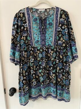 Chigant Casual V Neck 3/4 Sleeve Boho Dress XL Blues Floral Summer Beach 0115